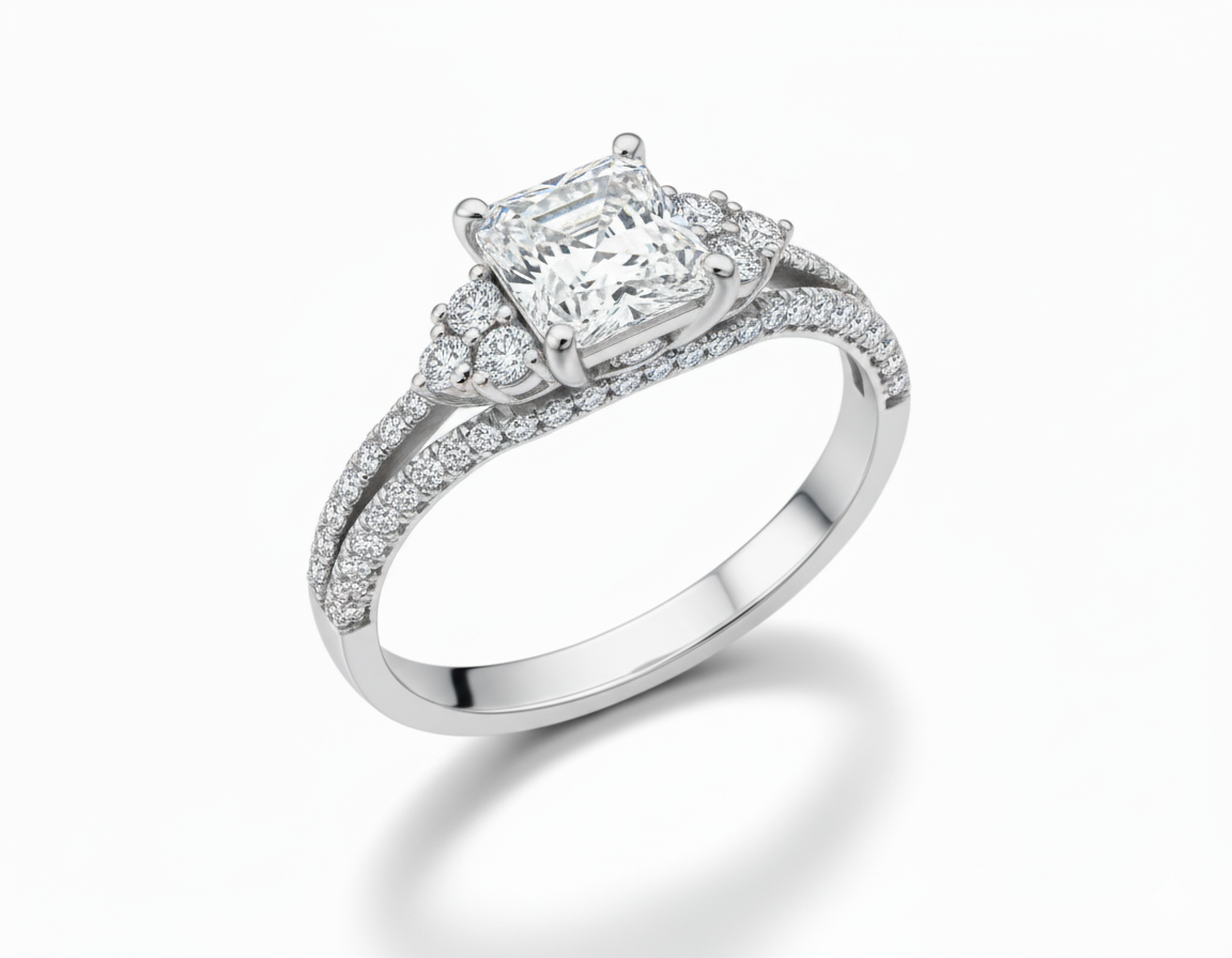 Princess Cut Moissanite Engagement Ring with Halo and Split Shank - Franc Laurent
