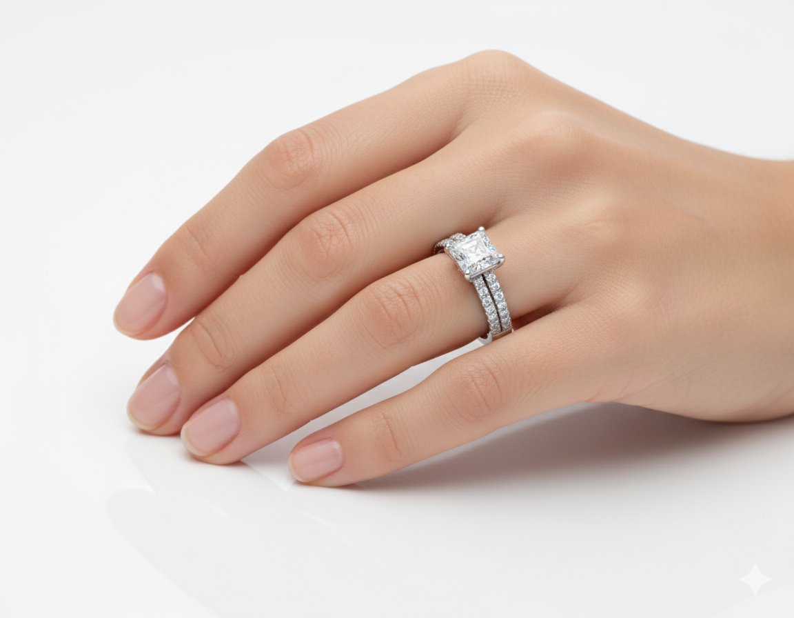 Princess Cut Moissanite Engagement Ring with Pave Shoulder Set hand wearing - Franc Laurent