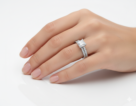 Princess Cut Moissanite Engagement Ring with Pave Shoulder Set hand wearing - Franc Laurent