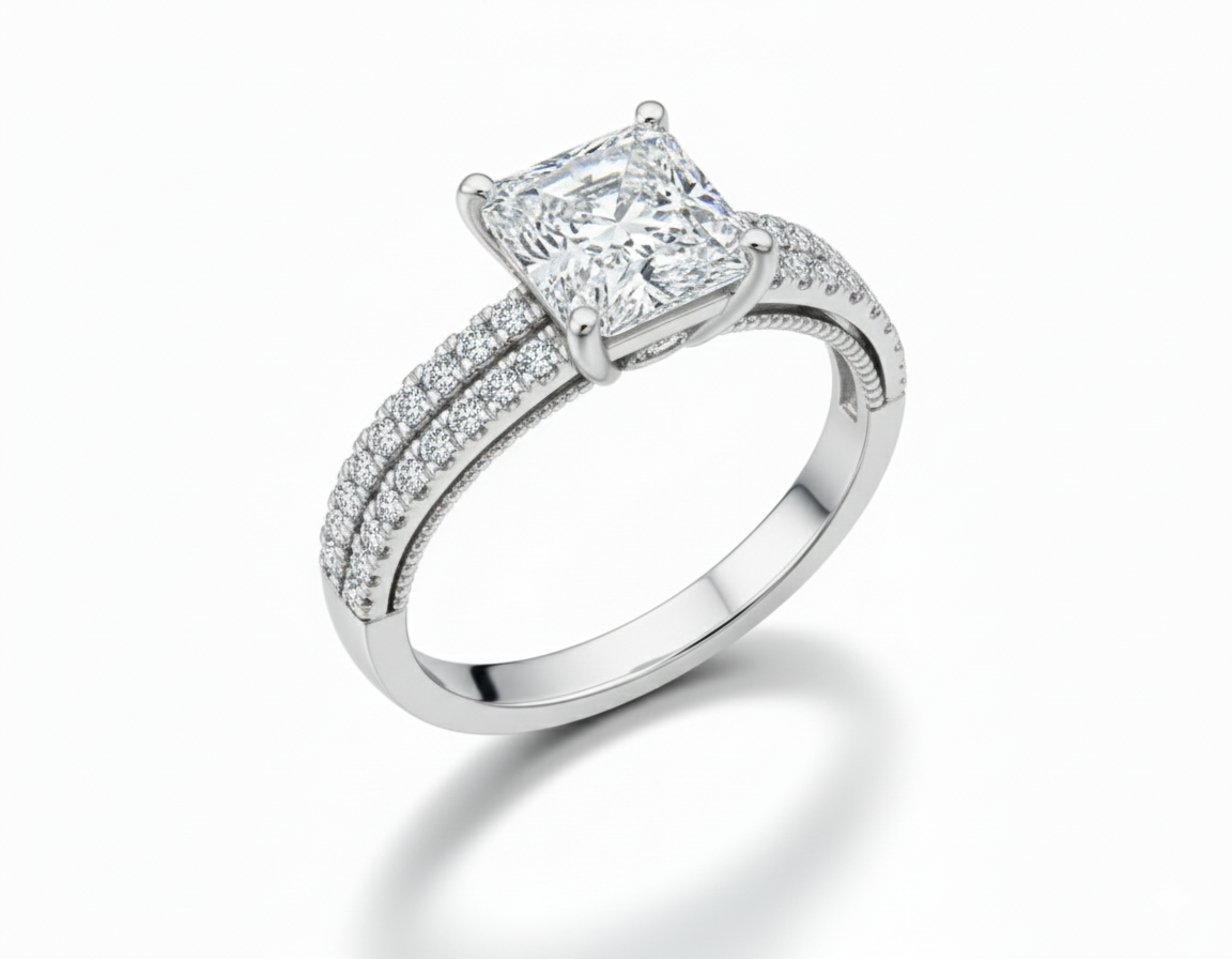 Princess Cut Moissanite Engagement Ring with Pave Shoulder Set - Franc Laurent