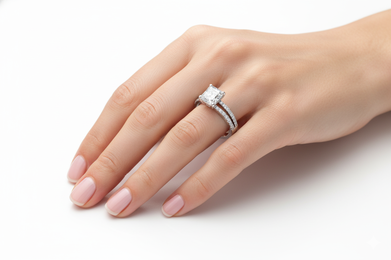 Princess Cut Moissanite Engagement Ring with Split Shank Design hand wearing - Franc Laurent