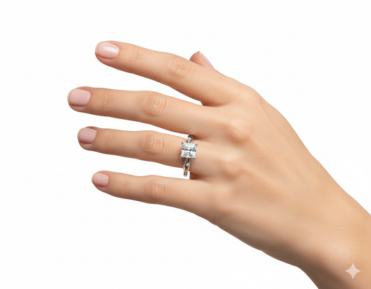 Princess Cut Moissanite Engagement Ring with Twig Band Design hand wearing - Franc Laurent