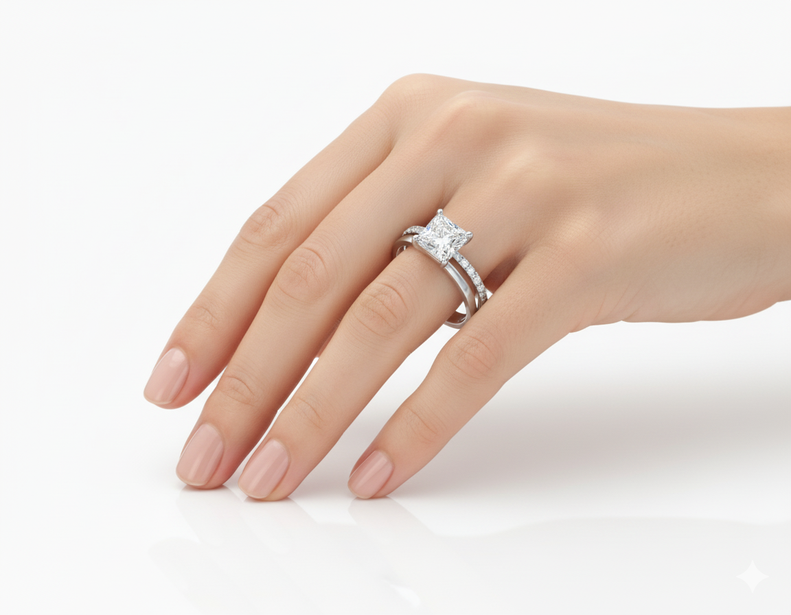 Princess Cut Moissanite Engagement Ring with Classic Design hand wearing - Franc Laurent