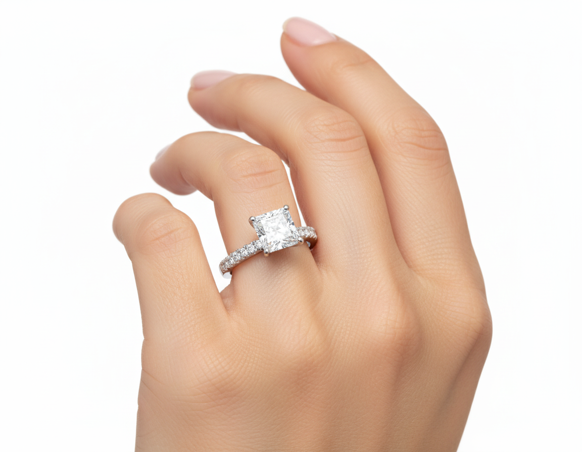 Princess Cut Moissanite Engagement Ring with Classic Halo hand wearing - Franc Laurent