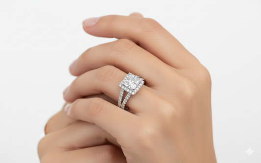 Princess Cut Moissanite Engagement Ring with Classic Halo and Split Shank hand wearing - Franc Laurent