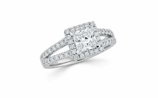 Princess Cut Moissanite Engagement Ring with Classic Halo and Split Shank - Franc Laurent