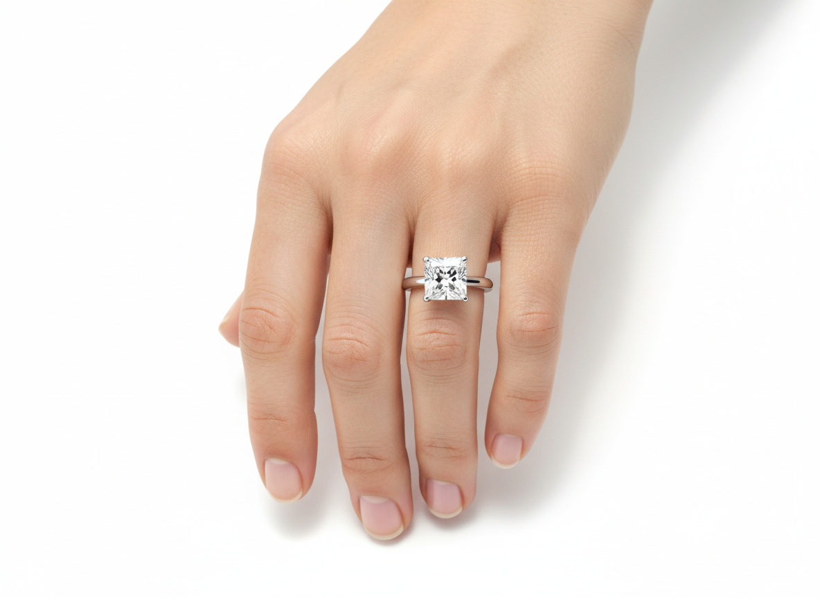 Princess Cut Moissanite Engagement Ring with Elegant Halo Design hand wearing - Franc Laurent