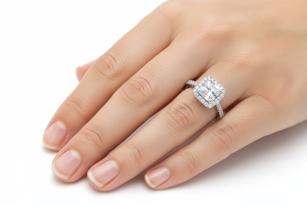 Princess Cut Moissanite Engagement Ring with Halo hand wearing - Franc Laurent