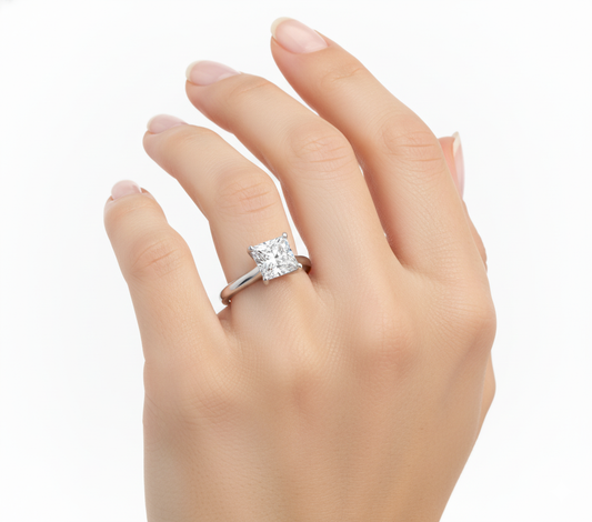 Princess Cut Moissanite Engagement Ring with Hidden Halo hand wearing - Franc Laurent