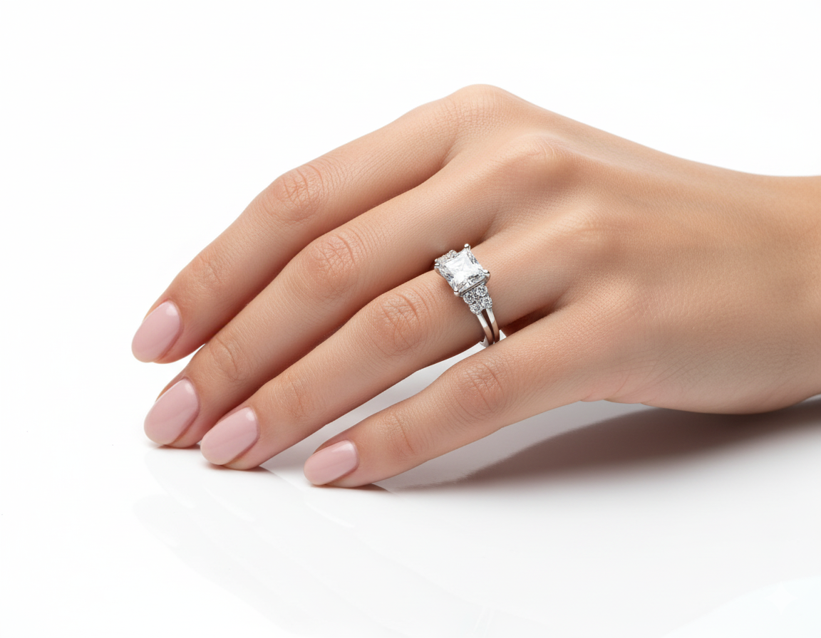 Princess Cut Moissanite Engagement Ring with Hidden Halo and Side Stones hand wearing - Franc Laurent