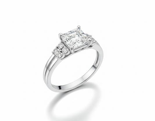 Princess Cut Moissanite Engagement Ring with Hidden Halo and Side Stones - Franc Laurent