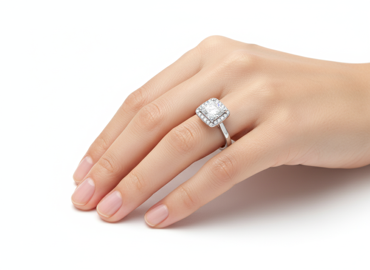 Princess Cut Moissanite Engagement Ring with Modern Halo hand wearing - Franc Laurent