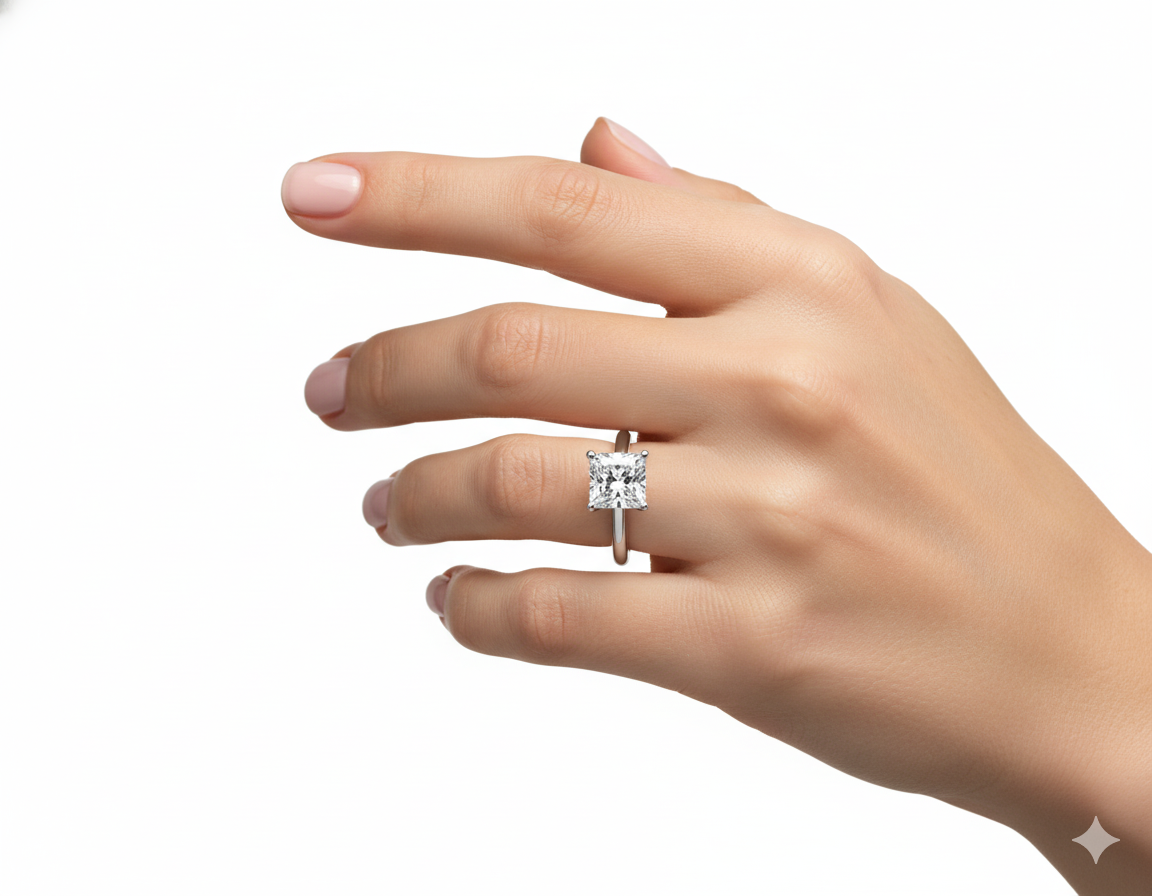 Princess Cut Moissanite Engagement Ring with Plain Band and Hidden Halo hand wearing - Franc Laurent