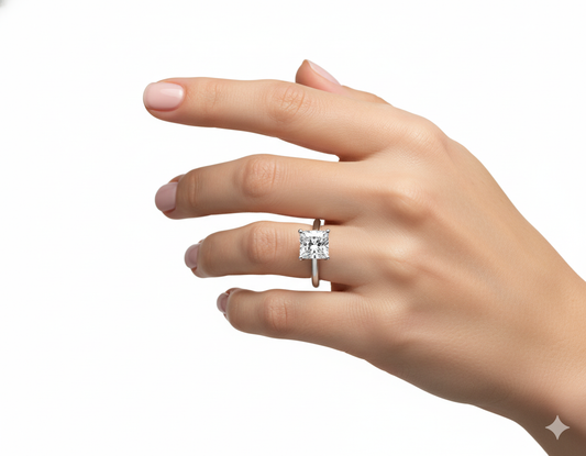 Princess Cut Moissanite Engagement Ring with Plain Band and Hidden Halo hand wearing - Franc Laurent