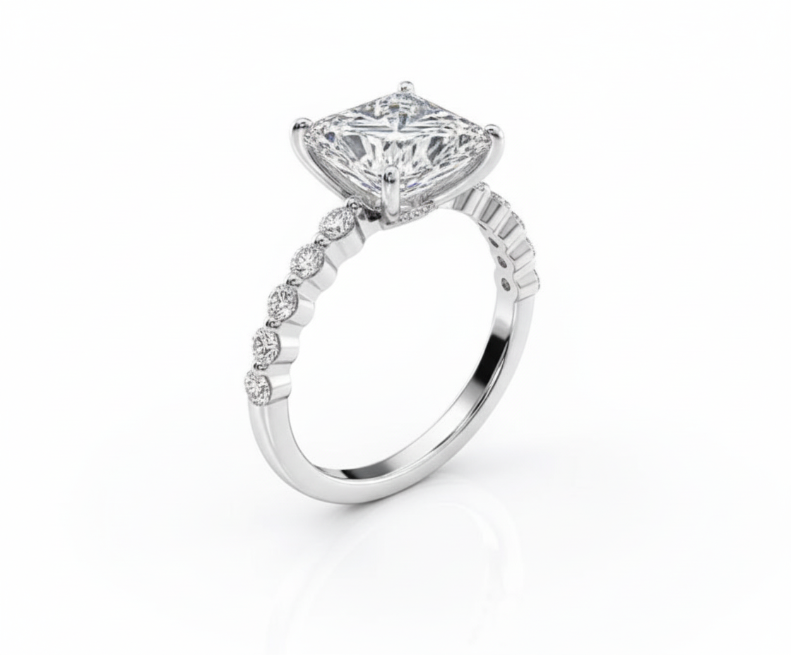 Princess Cut Moissanite Engagement Ring with Shoulder Set and Hidden Halo - Franc Laurent