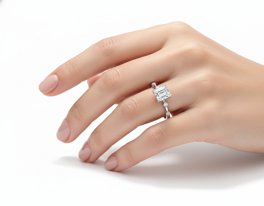 Princess Cut Moissanite Engagement Ring with Stone Set Shoulders hand wearing - Franc Laurent