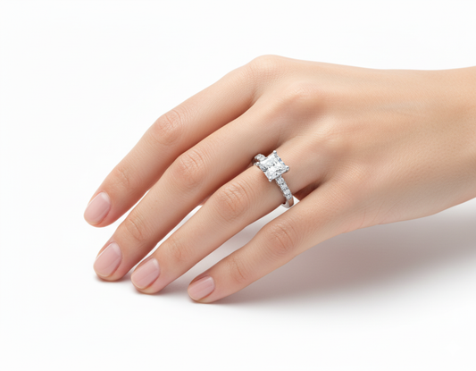 Princess Cut Moissanite Engagement Ring with Halo and Split Shank hand wearing - Franc Laurent