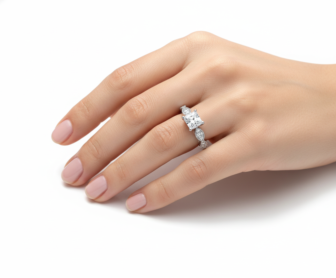 Princess Cut Moissanite Engagement Ring with Stone Set Shoulders and Milgrain Edge hand wearing - Franc Laurent