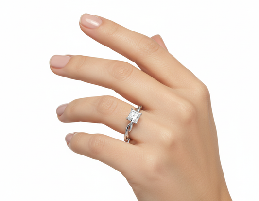 Princess Cut Moissanite Engagement Ring with Twisted Band and Hidden Halo hand wearing - Franc Laurent