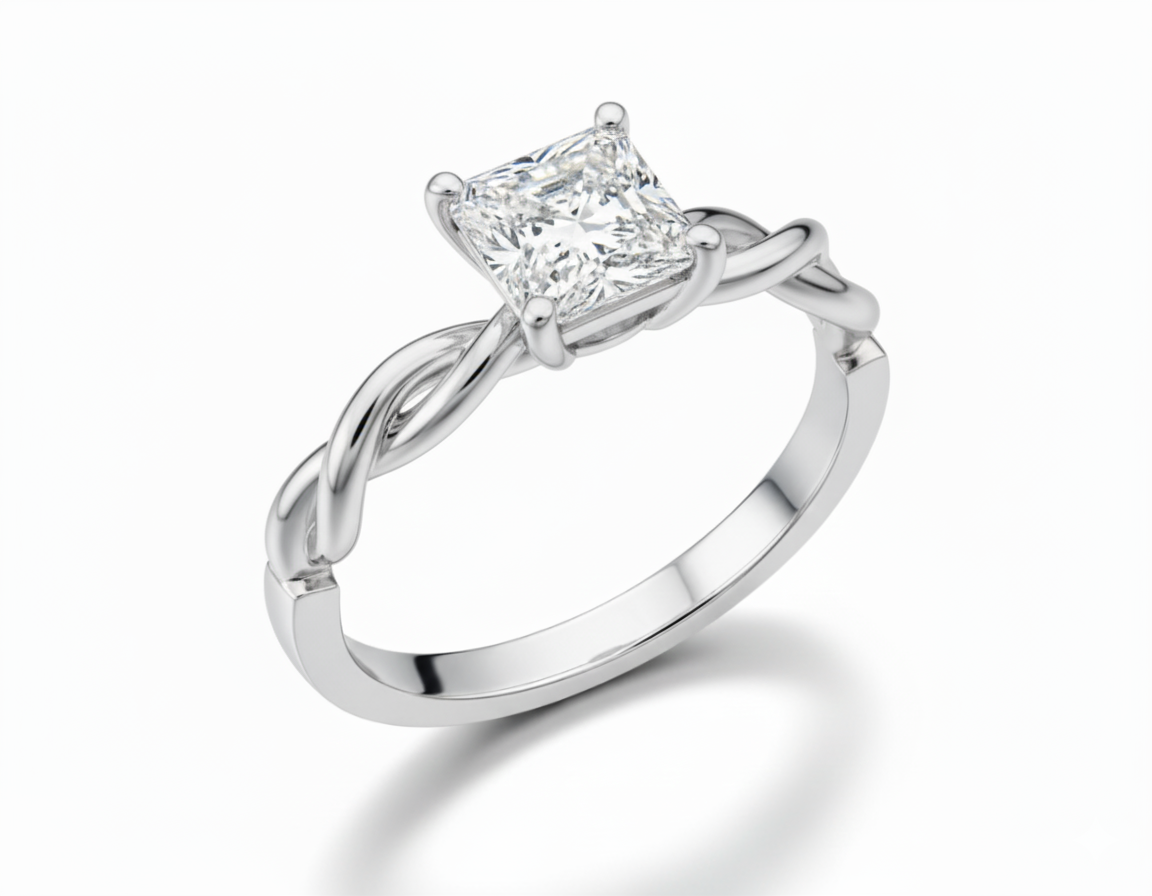 Princess Cut Moissanite Engagement Ring with Twisted Band and Hidden Halo - Franc Laurent