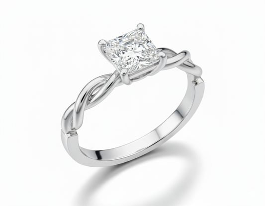 Princess Cut Moissanite Engagement Ring with Twisted Band and Hidden Halo - Franc Laurent