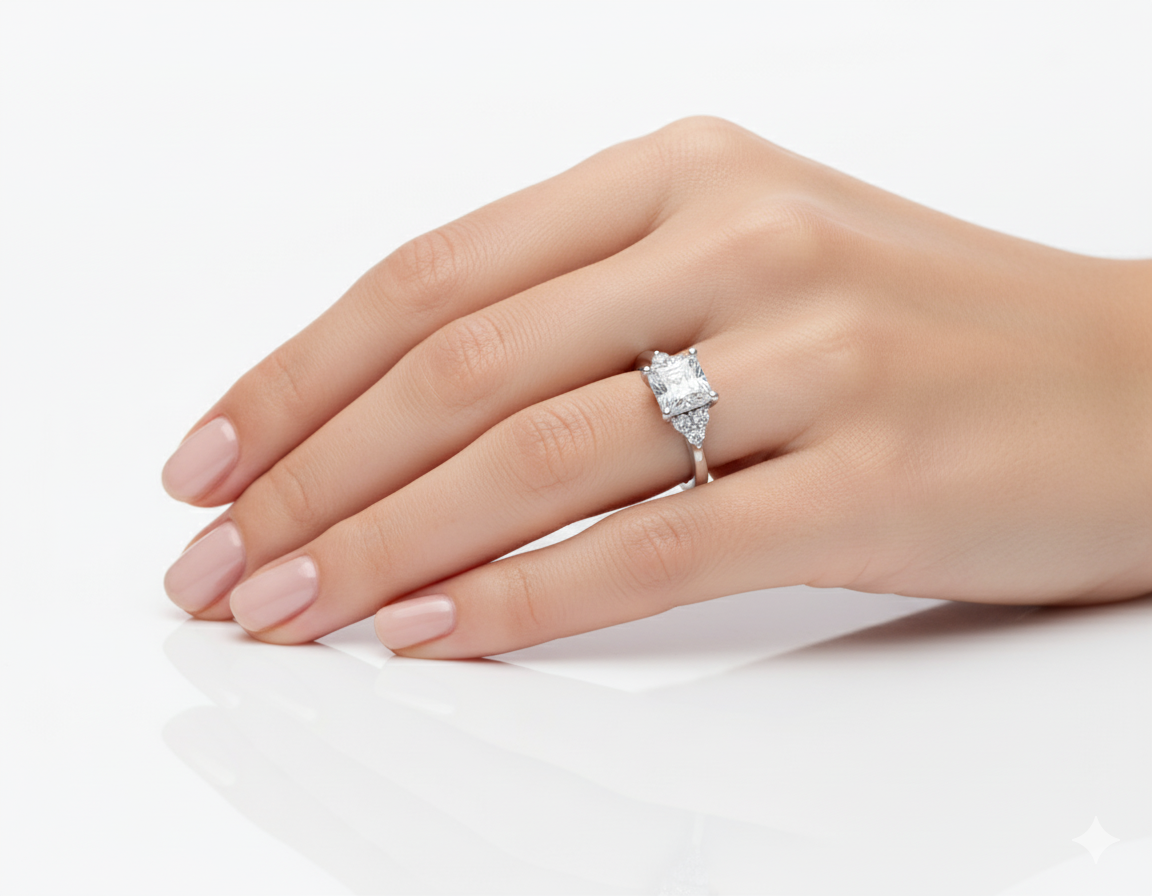 Princess Cut Moissanite Ring Accented with Side Stones hand wearing - Franc Laurent