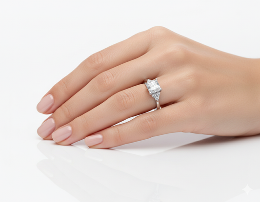 Princess Cut Moissanite Ring Accented with Side Stones hand wearing - Franc Laurent