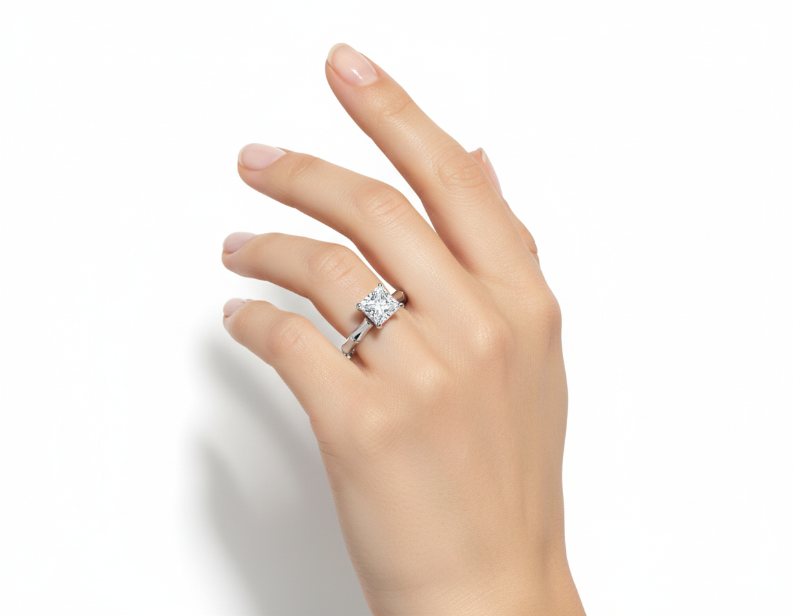Princess Cut Moissanite Engagement Ring hand wearing - Franc Laurent