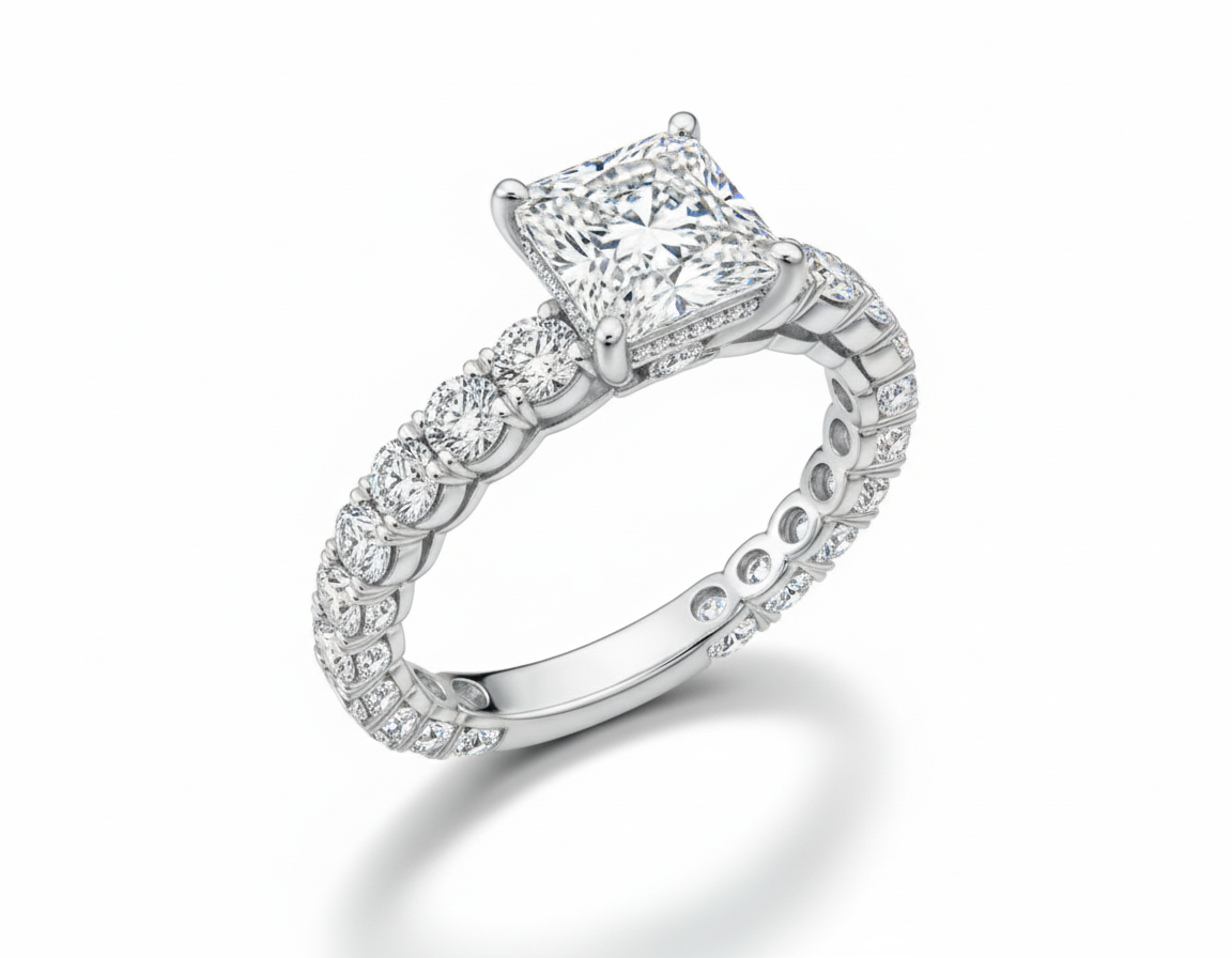 Princess Cut Moissanite Engagement Ring with Stone Set Shoulders and Hidden Halo- Franc Laurent