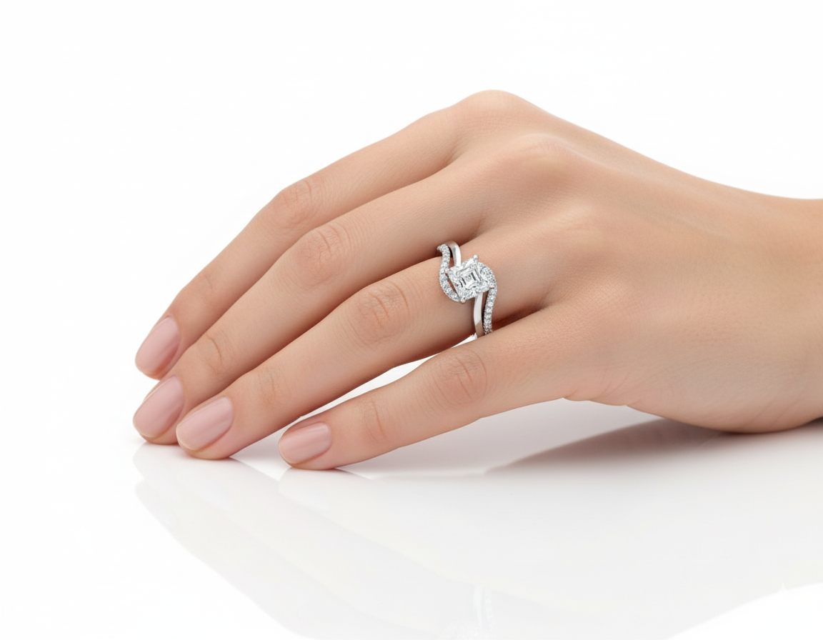 Princess Cut Moissanite Engagement Ring Twist Design hand wearing - Franc Laurent