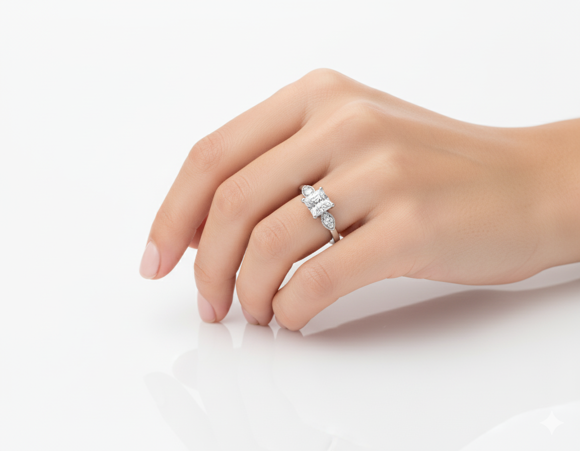 Vintage Princess Cut Moissanite Engagement Ring hand wearing - Franc Laurent