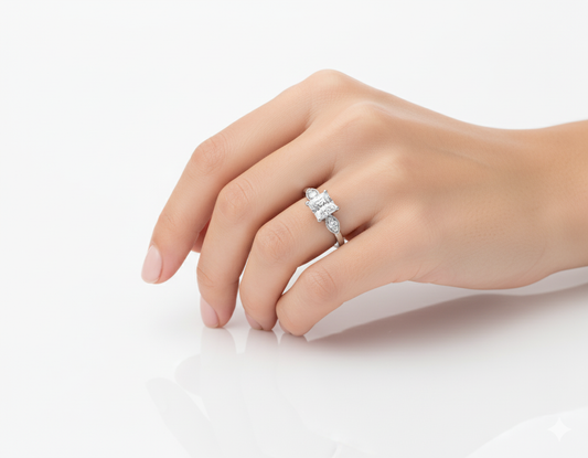 Vintage Princess Cut Moissanite Engagement Ring hand wearing - Franc Laurent