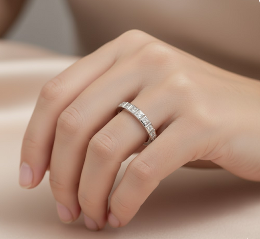 Princess Cut Full Eternity Moissanite Wedding Ring, Vintage Design