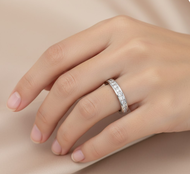 Princess Cut Half Eternity Moissanite Wedding Ring, Rub-Over Channel Setting