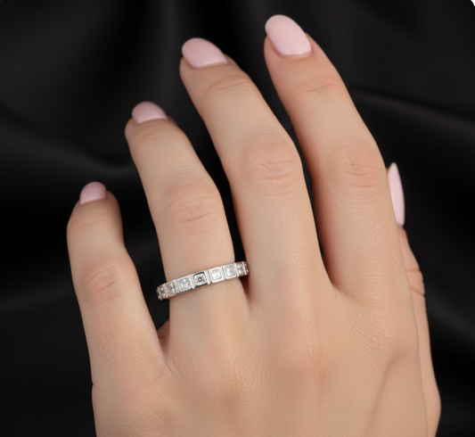 Princess Cut Half Eternity Moissanite Wedding Ring, Vintage Design