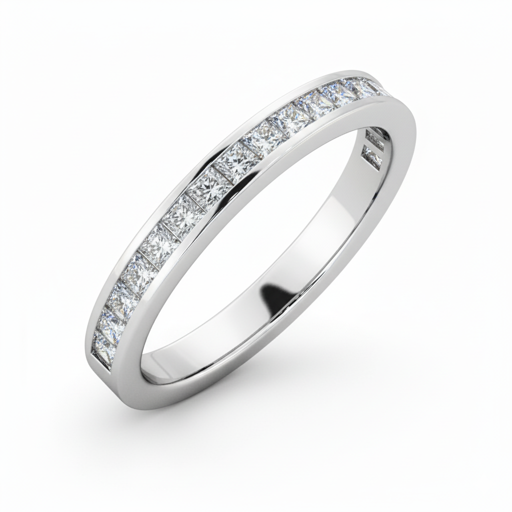 Princess Cut Half Eternity Moissanite Wedding Ring, Rub-Over Channel Setting