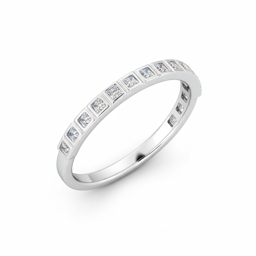 Princess Cut Half Eternity Moissanite Wedding Ring, Vintage Design