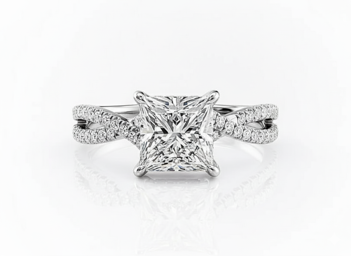 Princess Cut Moissanite Engagement Ring - Twisted Shoulders Stone Set - Franc Laurent