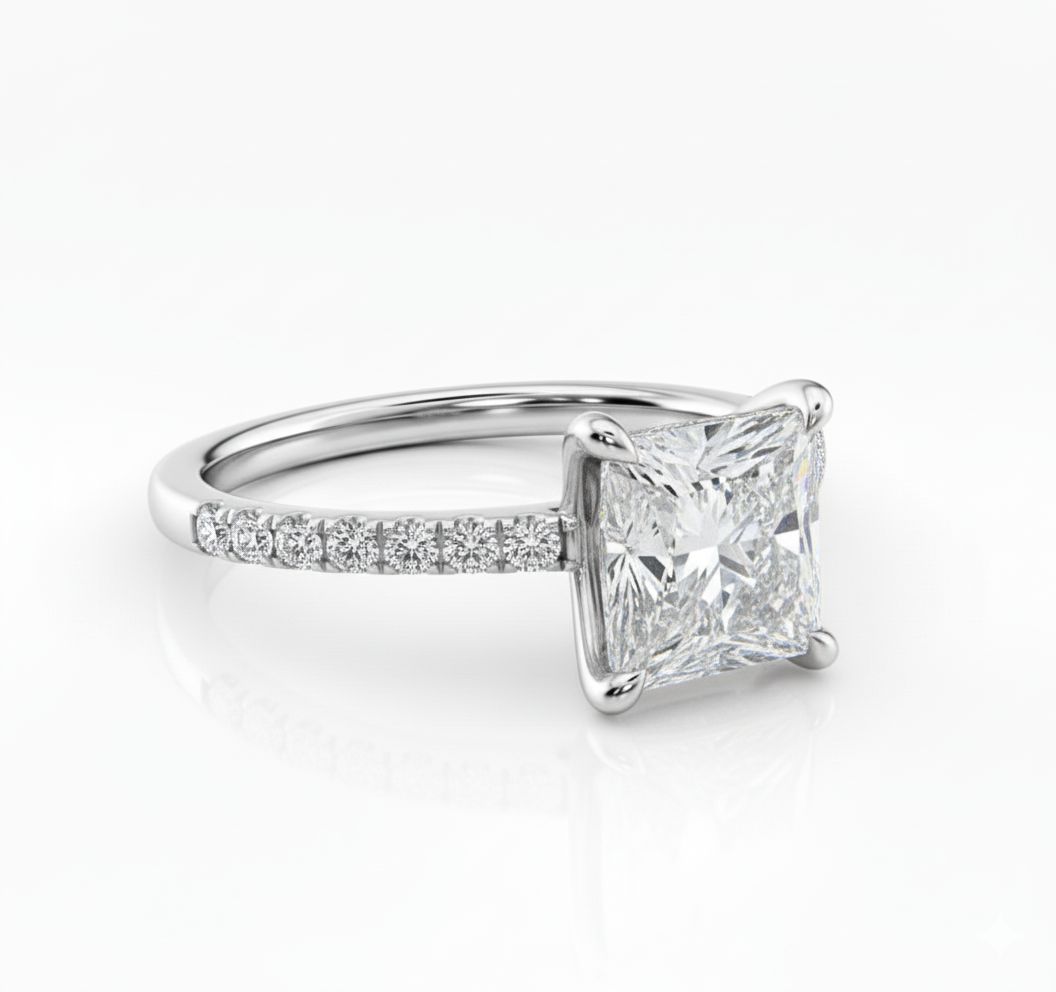 Princess Cut Moissanite Engagement Ring Shoulder Set Ring With Hidden Halo