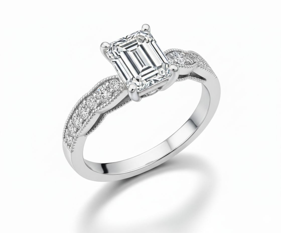Princess Cut Moissanite Engagement Ring with Stone Set Shoulders and Milgrain Edge - Franc Laurent