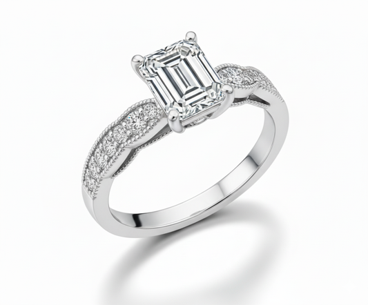 Princess Cut Moissanite Engagement Ring with Stone Set Shoulders and Milgrain Edge - Franc Laurent