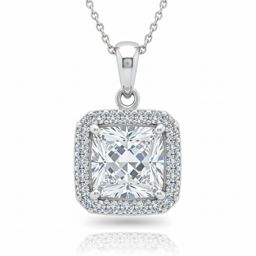 Princess Cut Moissanite Pendant with Round Cut Halo