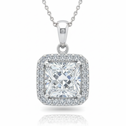 Princess Cut Moissanite Pendant with Round Cut Halo