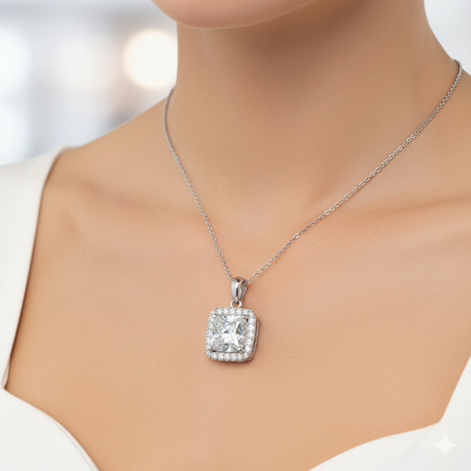 Princess Cut Moissanite Pendant with Round Cut Halo