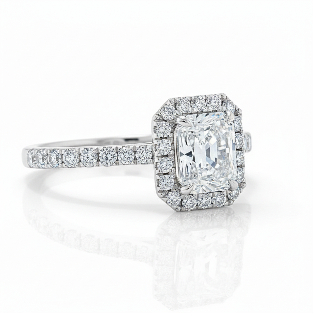 Radiant Cut Halo Moissanite Engagement Ring, Classic Style