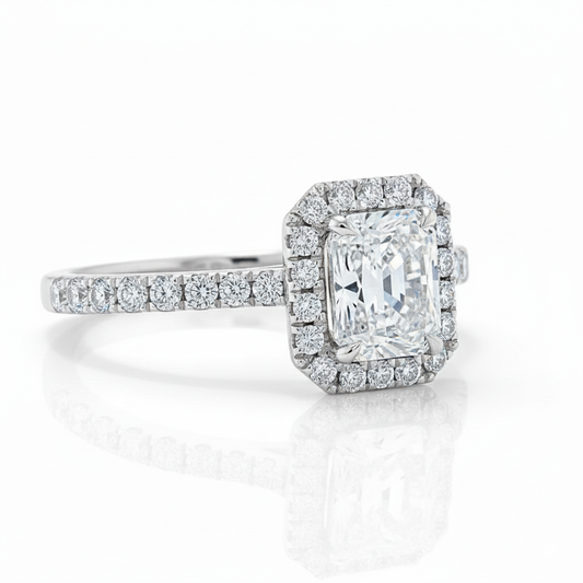 Radiant Cut Halo Moissanite Engagement Ring, Classic Style