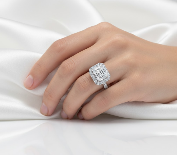 Radiant Cut Halo Moissanite Engagement Ring, Classic Style