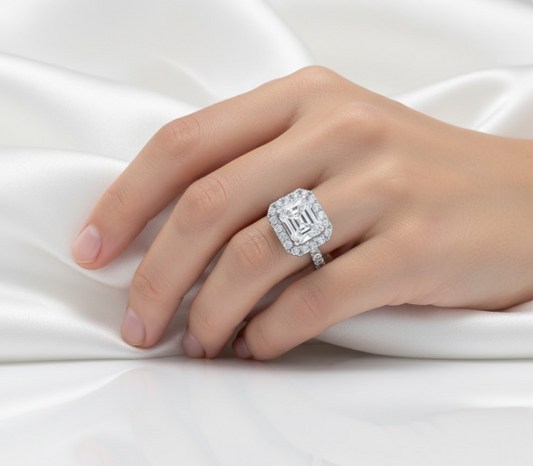 Radiant Cut Halo Moissanite Engagement Ring, Classic Style