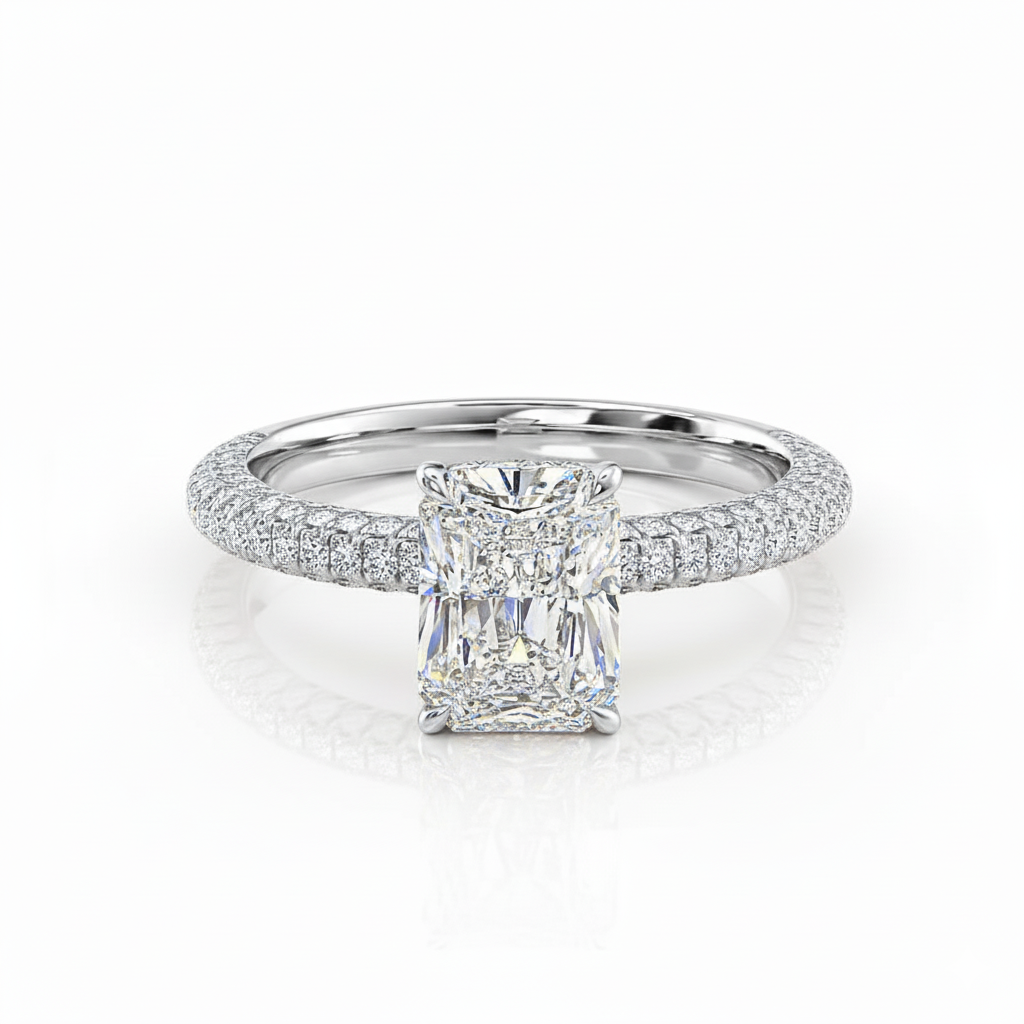 Radiant Cut Moissanite Engagement Pavé Set Shoulders Ring With Hidden Halo