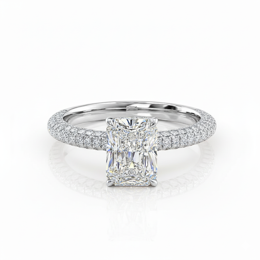 Radiant Cut Moissanite Engagement Pavé Set Shoulders Ring With Hidden Halo